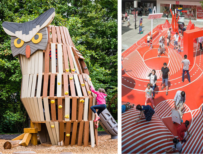 Example of themed play element featuring animals and nature play (left) and
                    playful graphic (right)
